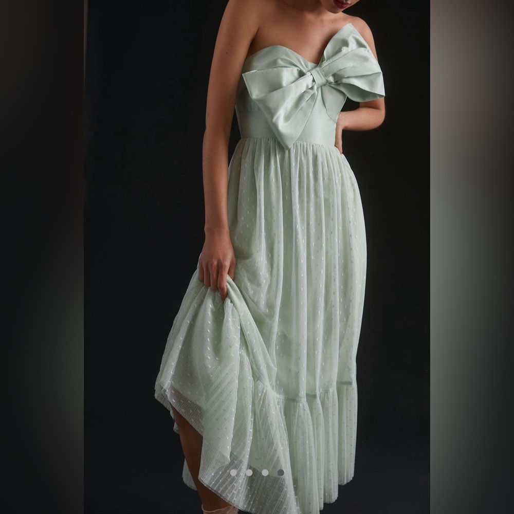 Tulle Bow Tie Midi Dress in Light Green